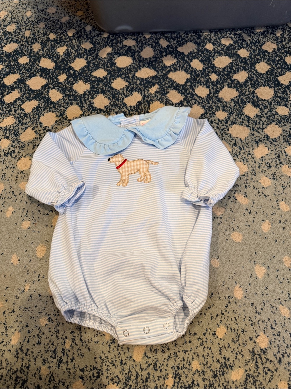 Blue Striped Baby One-Piece Bodysuit with Dog Applique